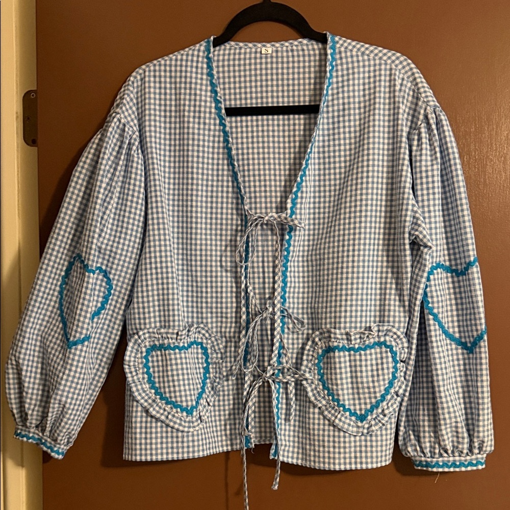 Blue & White Gingham Heart Trim Tie-Front Jacket